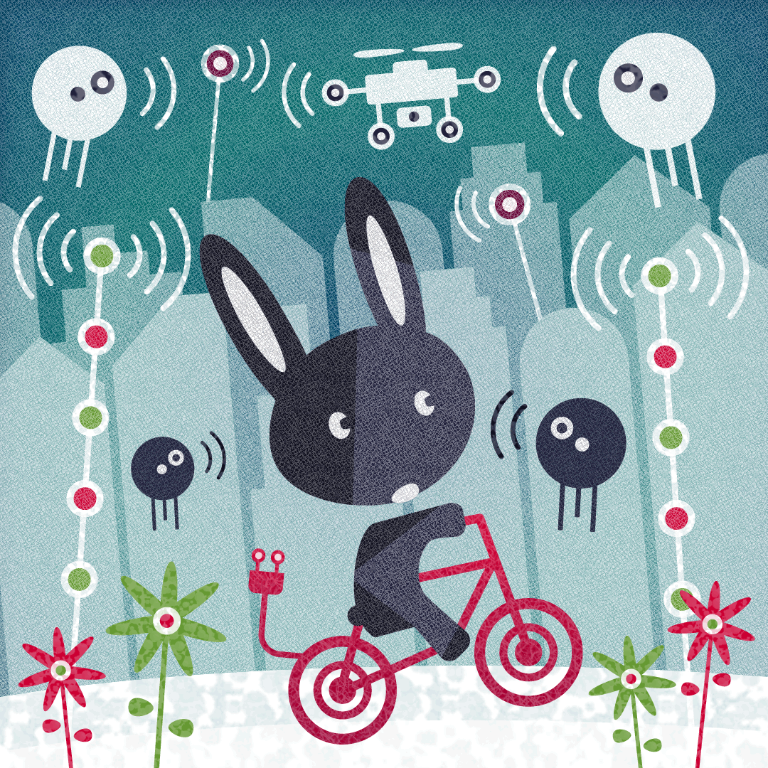 Rabbit on an electric bicycle in the automagic city